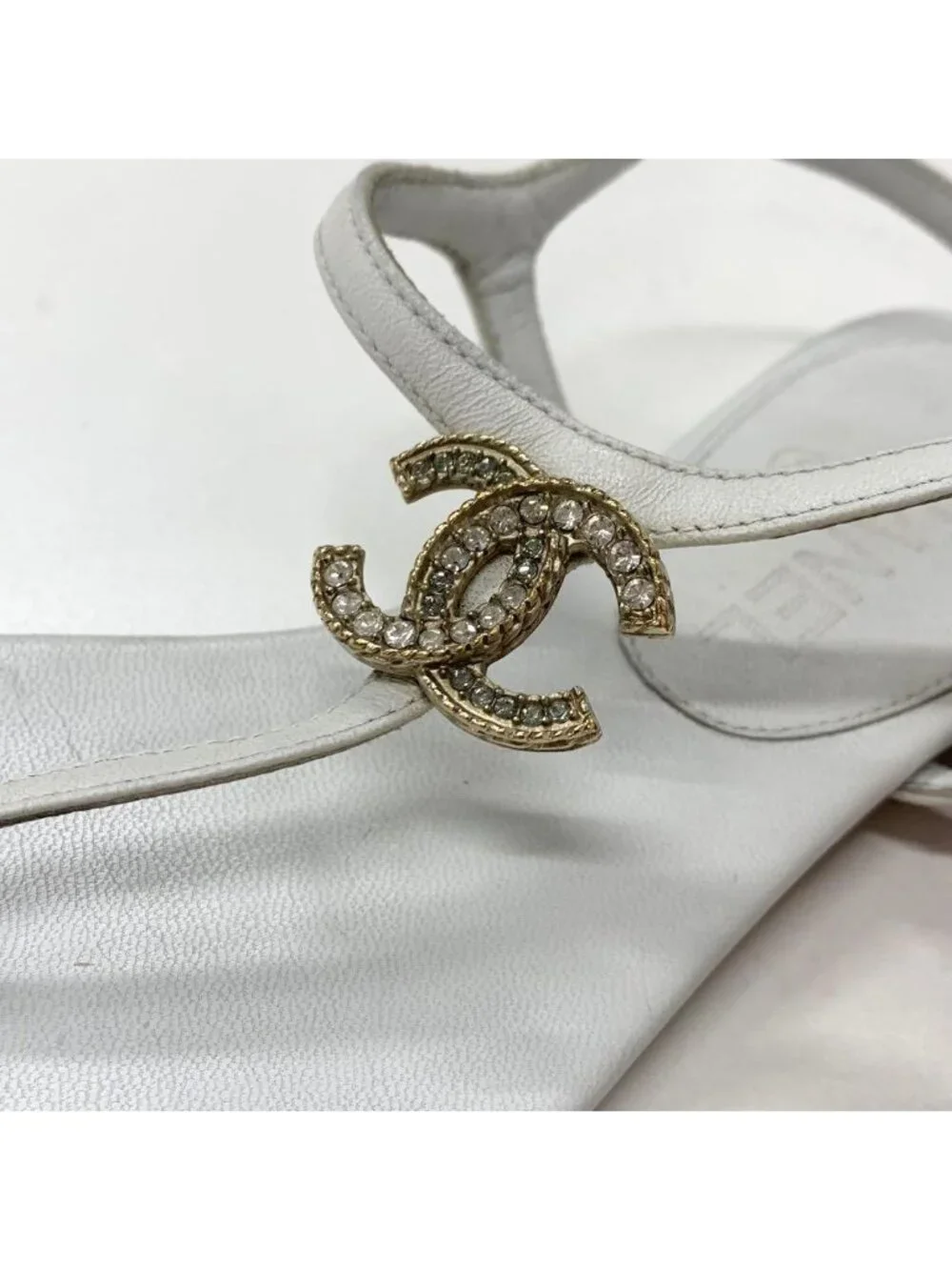 Chanel CC Logo Leather Line Stone Strap Thong Sandals